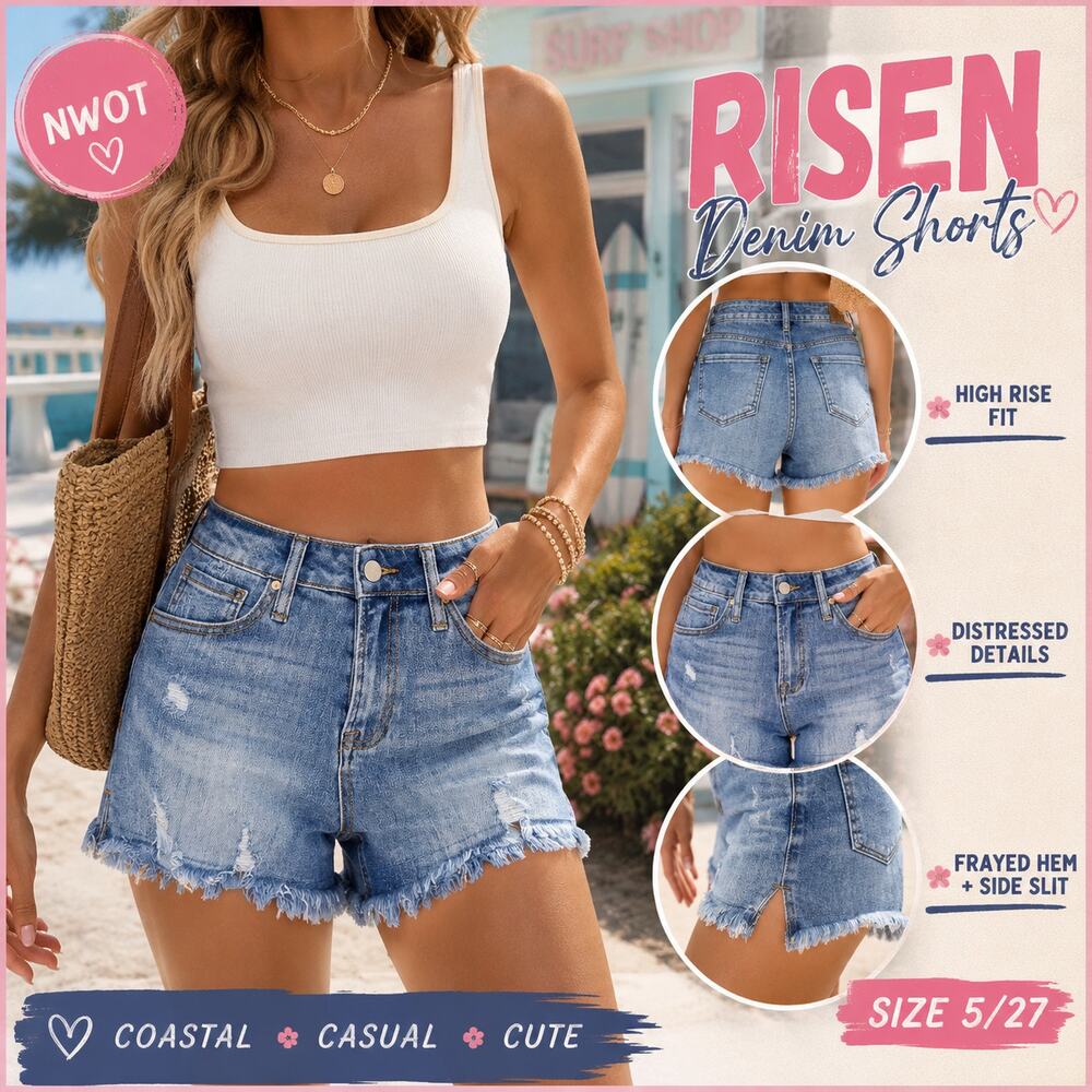 Risen High Rise Distressed Denim Shorts Frayed Hem Light Wash 5/27